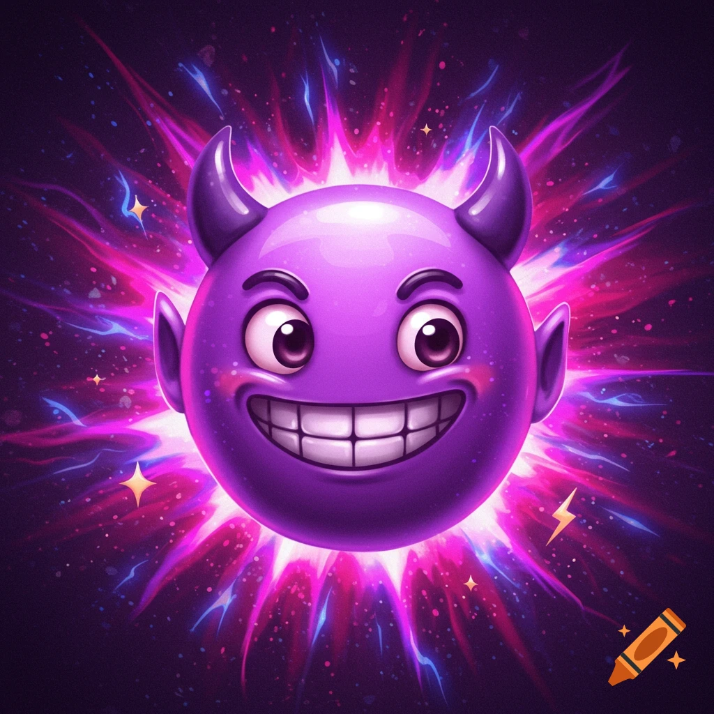 A grinning purple devil emoji with horns and pointy ears, surrounded by vibrant pink and blue neon light bursts and sparkles on a dark background.