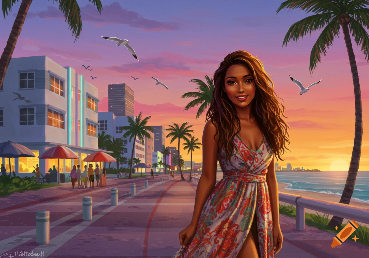 A woman in a floral dress on a Miami boardwalk at sunset, with palm trees, Art Deco buildings, and the ocean. Digital art.