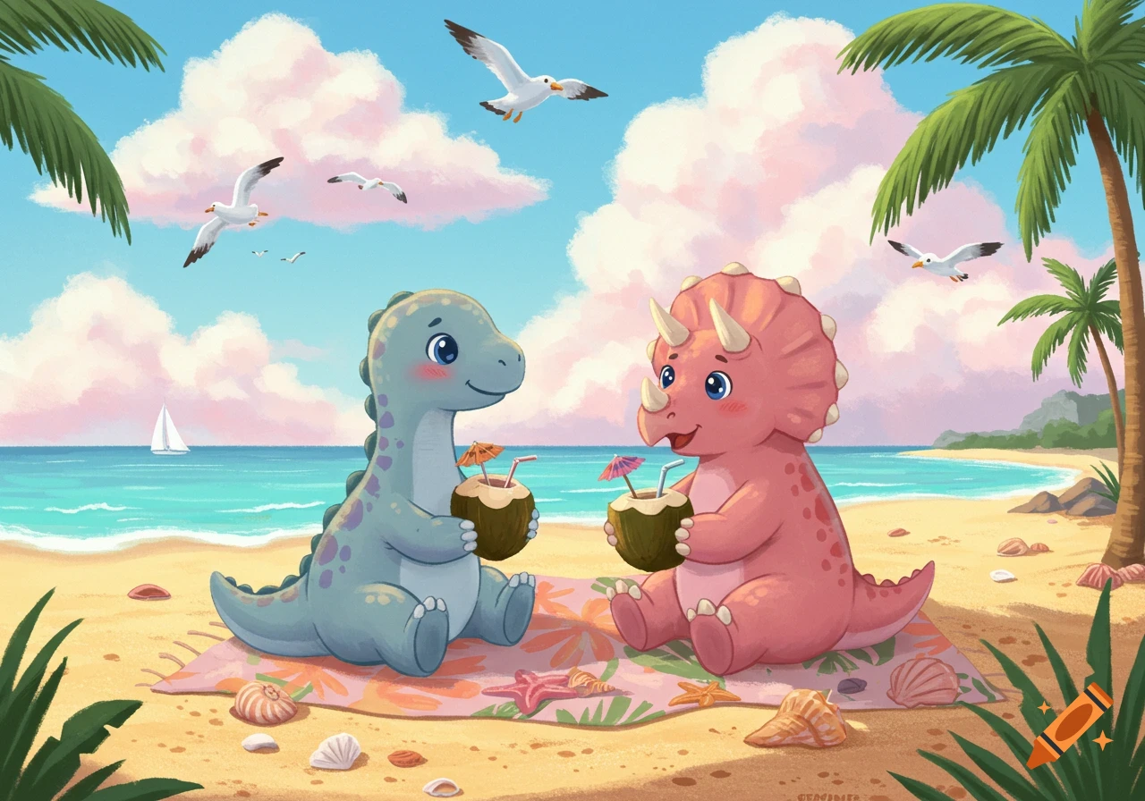 Two cute cartoon dinosaurs, a blue one and a pink one, sitting on a blanket on a sandy beach, drinking from coconuts. Palm trees, ocean, and gulls are in the background.