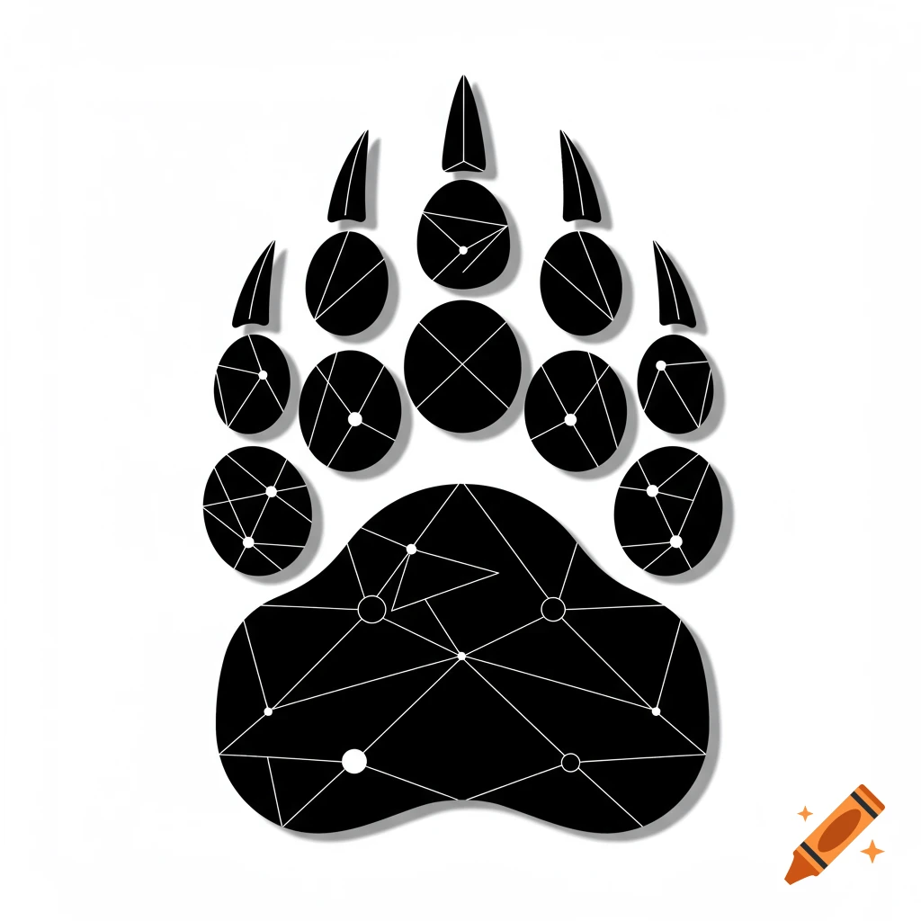 A symmetrical geometric grizzly bear paw in black and white, featuring lines and circles within the paw pads and claws.