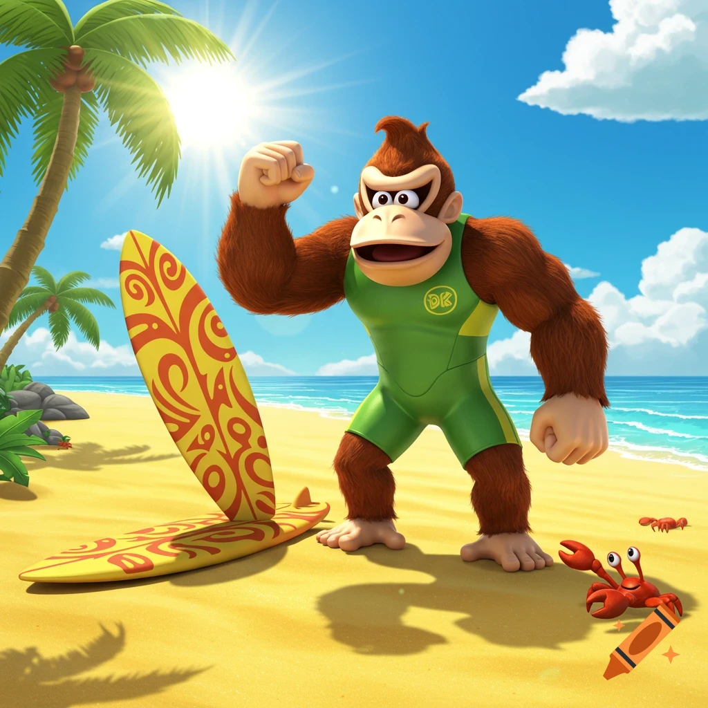 Donkey Kong in a green wetsuit flexing on a sandy beach with a surfboard, under a sunny sky.