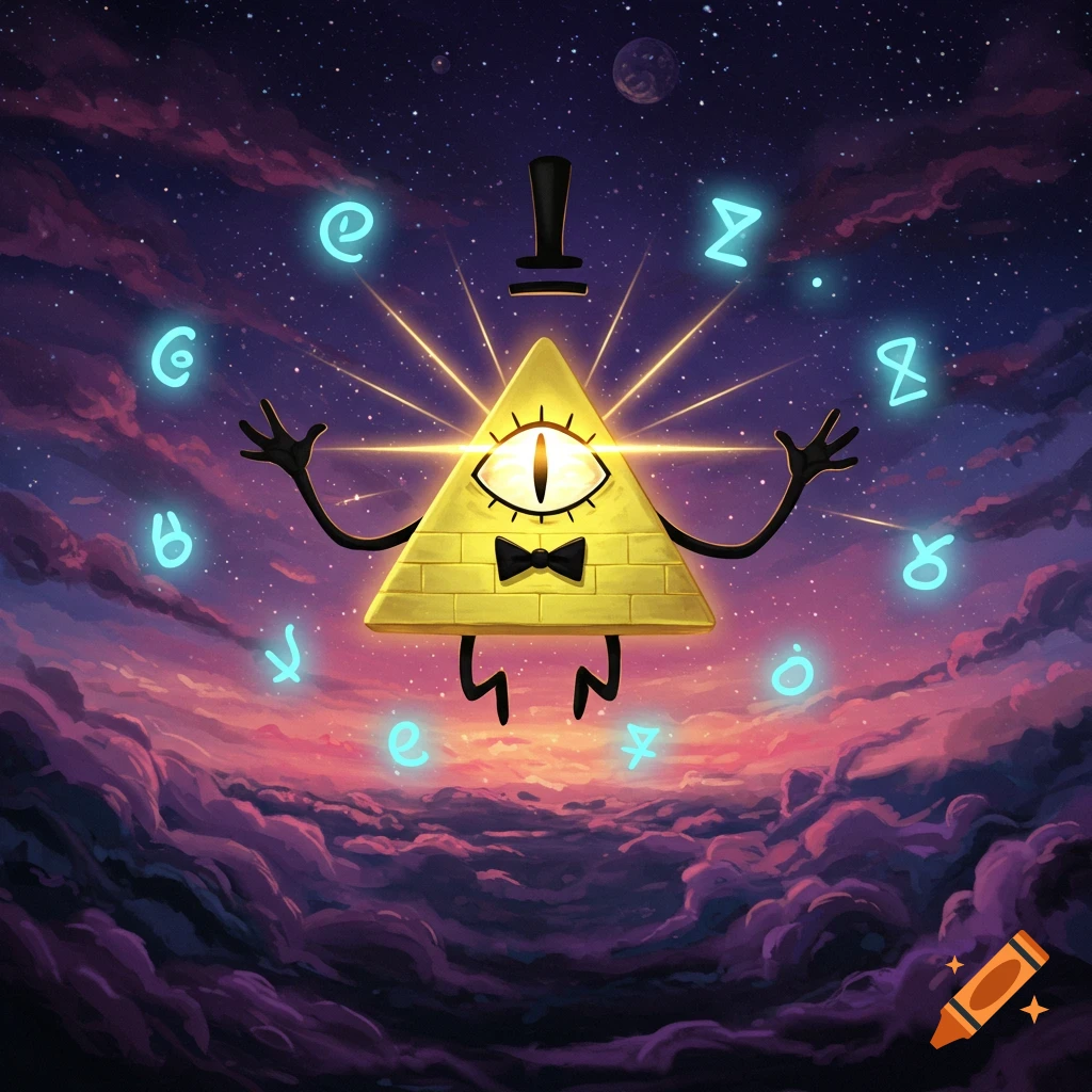 Bill Cipher, a glowing yellow triangle with an eye, top hat, and bow tie, floats amidst cosmic clouds and stars, surrounded by mysterious blue symbols.