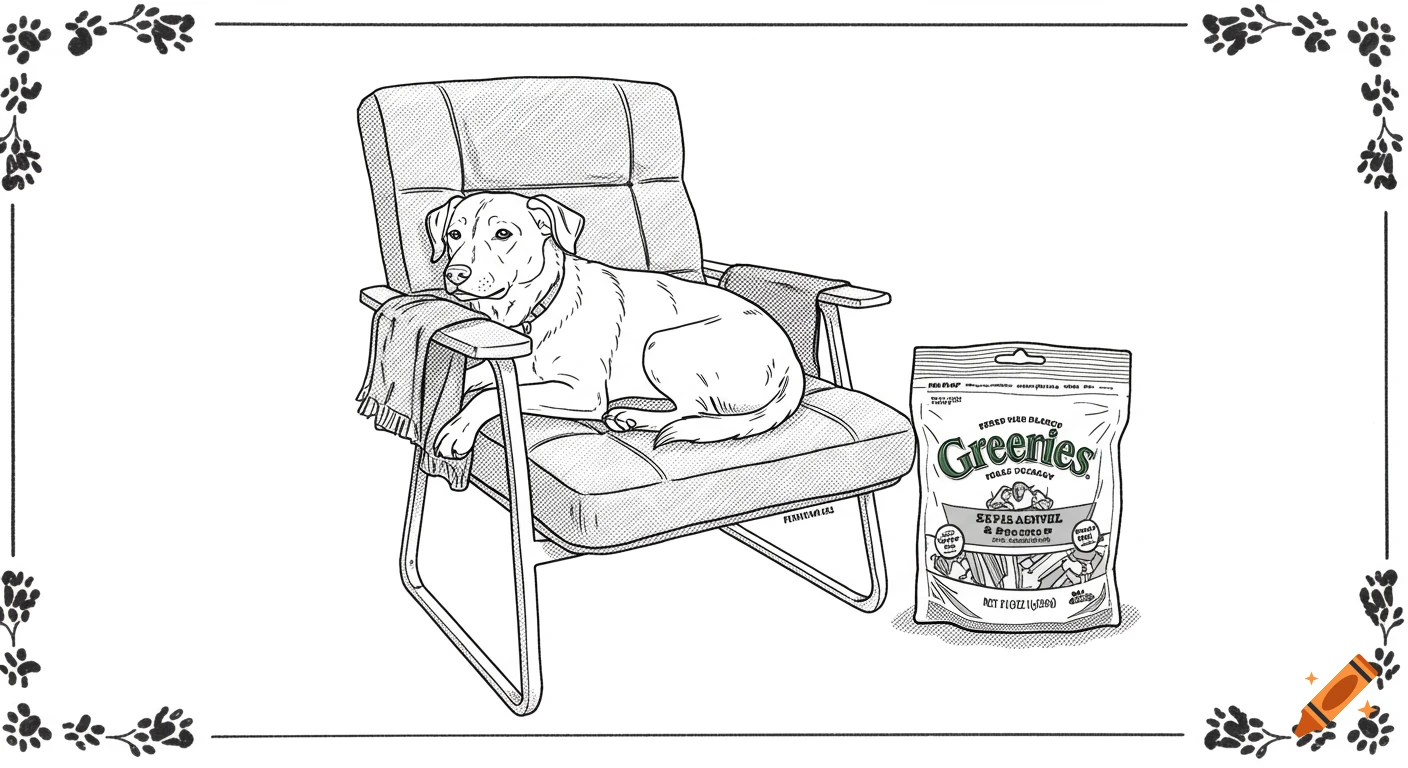 Black and white line drawing of a dog lounging in an RV chair with a bag of Greenies dog treats beside it, all within a paw print border.