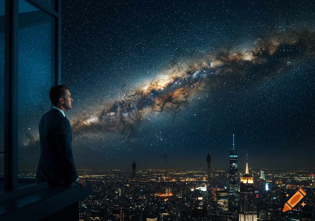 A man in a suit looks out from a high-rise window at a starry night sky with the Milky Way above a sprawling city.