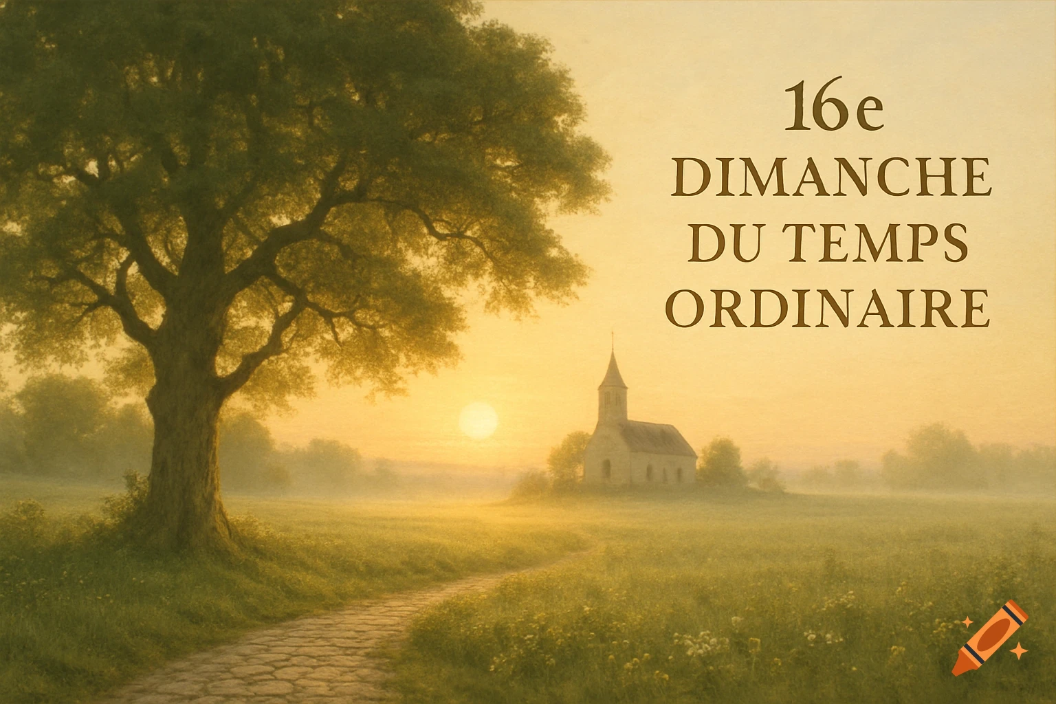 Peaceful sunrise landscape with a large tree, winding path, distant church, and text '16e DIMANCHE DU TEMPS ORDINAIRE'.