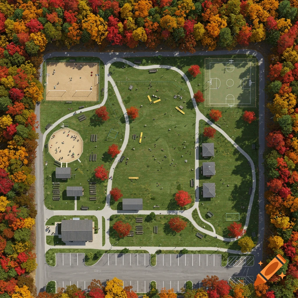 Aerial view of a square community park surrounded by autumn trees, featuring a basketball court, volleyball court, walking paths, buildings, and a parking lot.