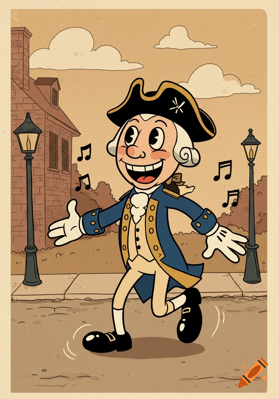 A smiling cartoon George Washington in 1930s rubberhose style walks down a street with musical notes, flanked by lampposts.