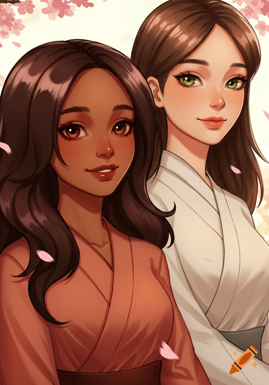 Two anime-style women with dark hair and different eye colors wear traditional robes amidst falling cherry blossoms.