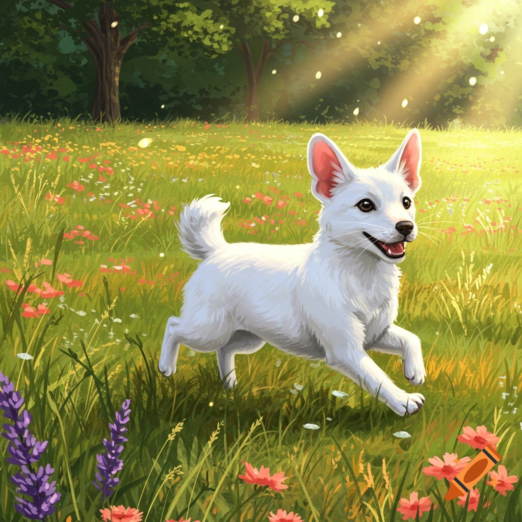 A happy white dog runs through a sun-dappled field of colorful wildflowers, rendered in an illustrative style.