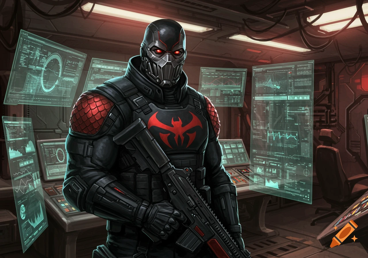A masked, armored comic book henchman with red glowing eyes and a rifle stands in a futuristic control room with holographic screens.