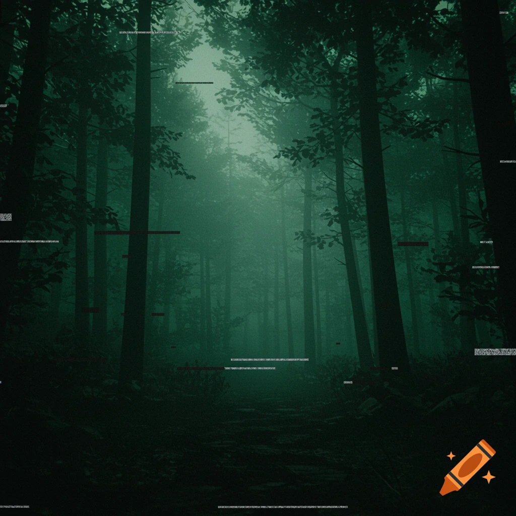 A dark, misty forest with tall trees and a faint path, viewed with visual distortions and static like an old VHS tape.