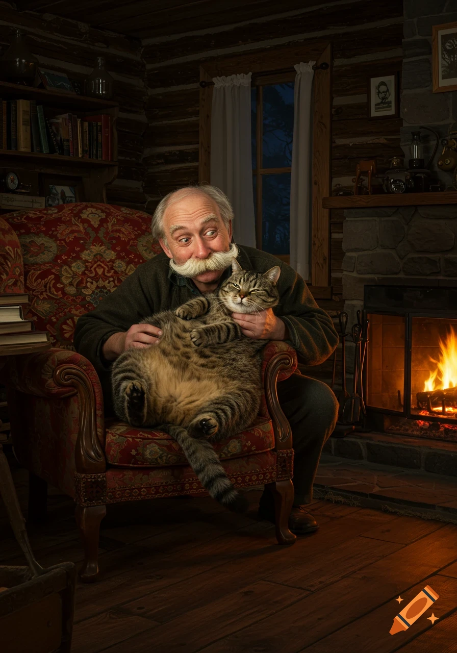 An old man with a large mustache holds a very fat tabby cat in a cozy armchair next to a fireplace in a rustic cabin.