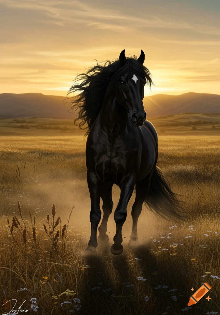 Photorealistic image of a black horse with a white blaze standing in a golden field at sunset, with mountains in the background.