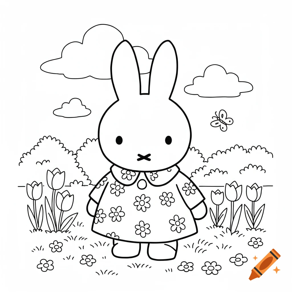 A black and white line art coloring page of Miffy the rabbit wearing a floral dress, standing in a field with tulips, flowers, and a butterfly.