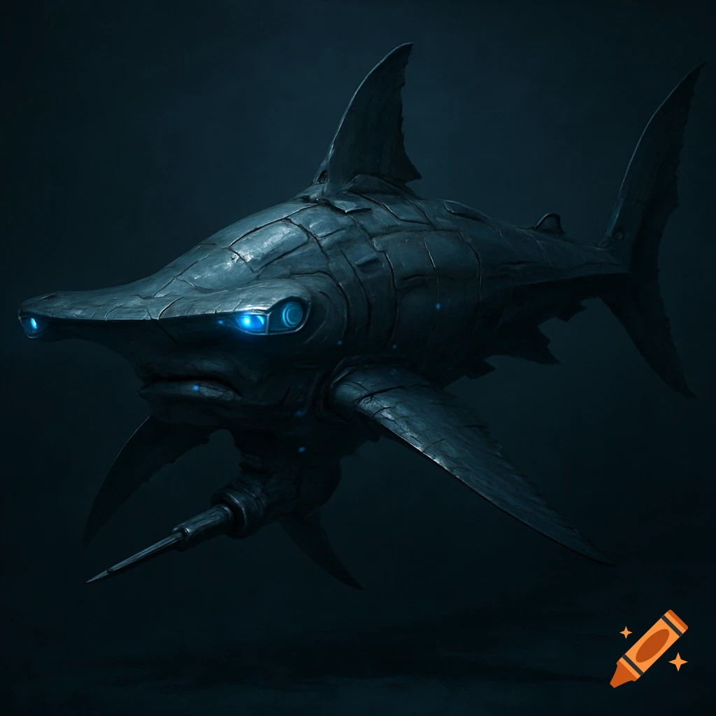 A futuristic, robotic hammerhead shark with blue glowing eyes and a retractable lance swims in a dark deep-sea environment.