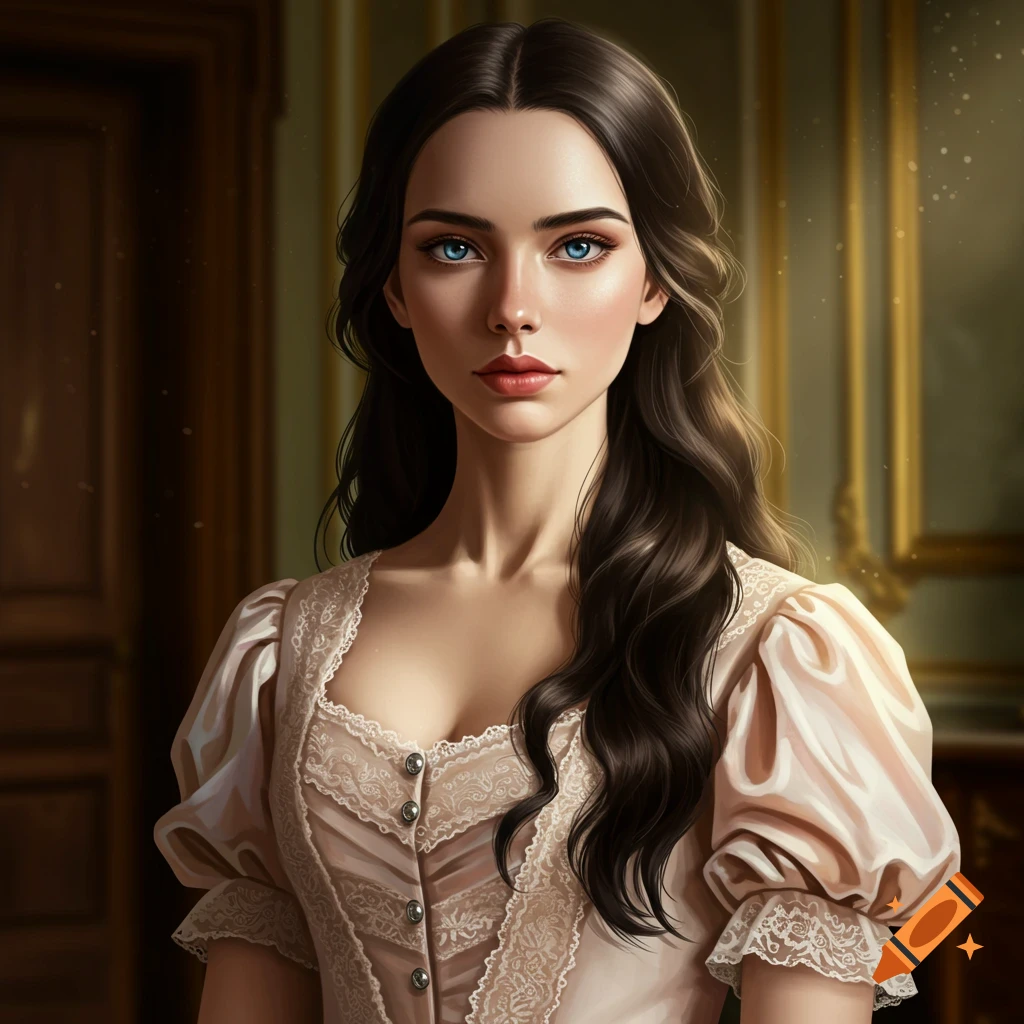A photorealistic portrait of a woman with long dark hair and blue eyes wearing an ornate 1850s-style lacy dress, set against a rich, dimly lit background.