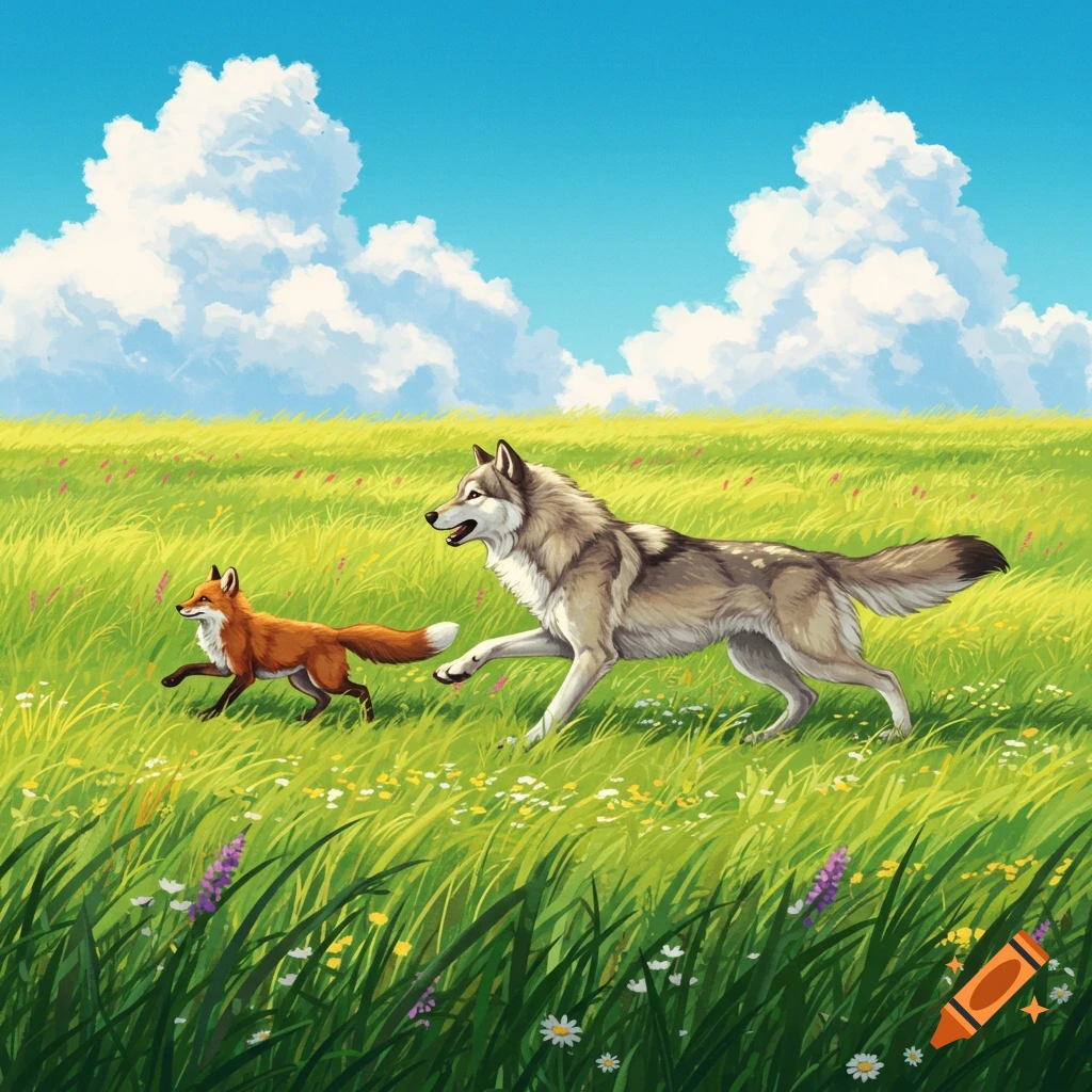 A digital illustration of a brown fox and a grey wolf running through a bright green, grassy field under a blue sky with white clouds.