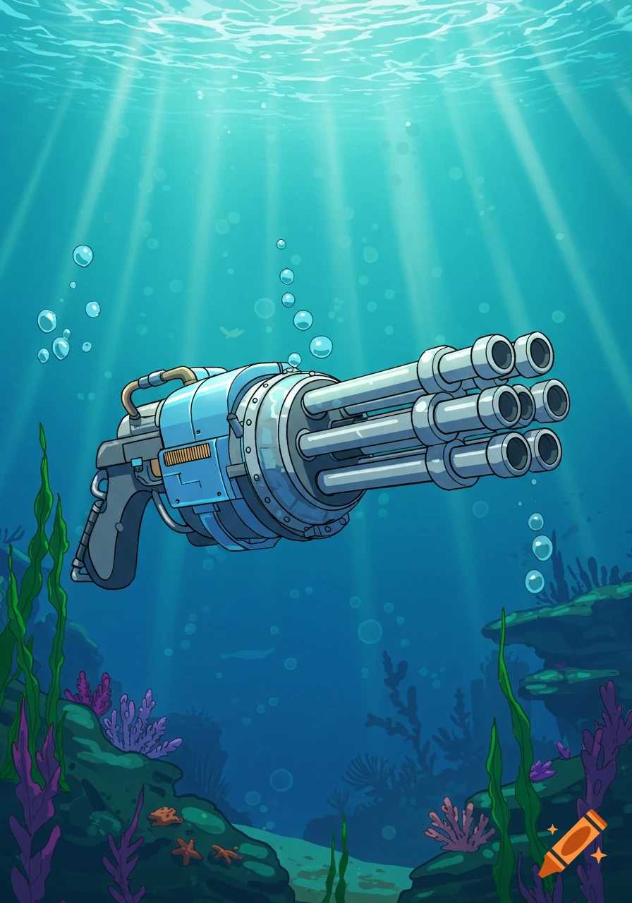 A cartoon-style futuristic Gatling gun with eight barrels floats underwater, surrounded by bubbles, seaweed, and light shafts.