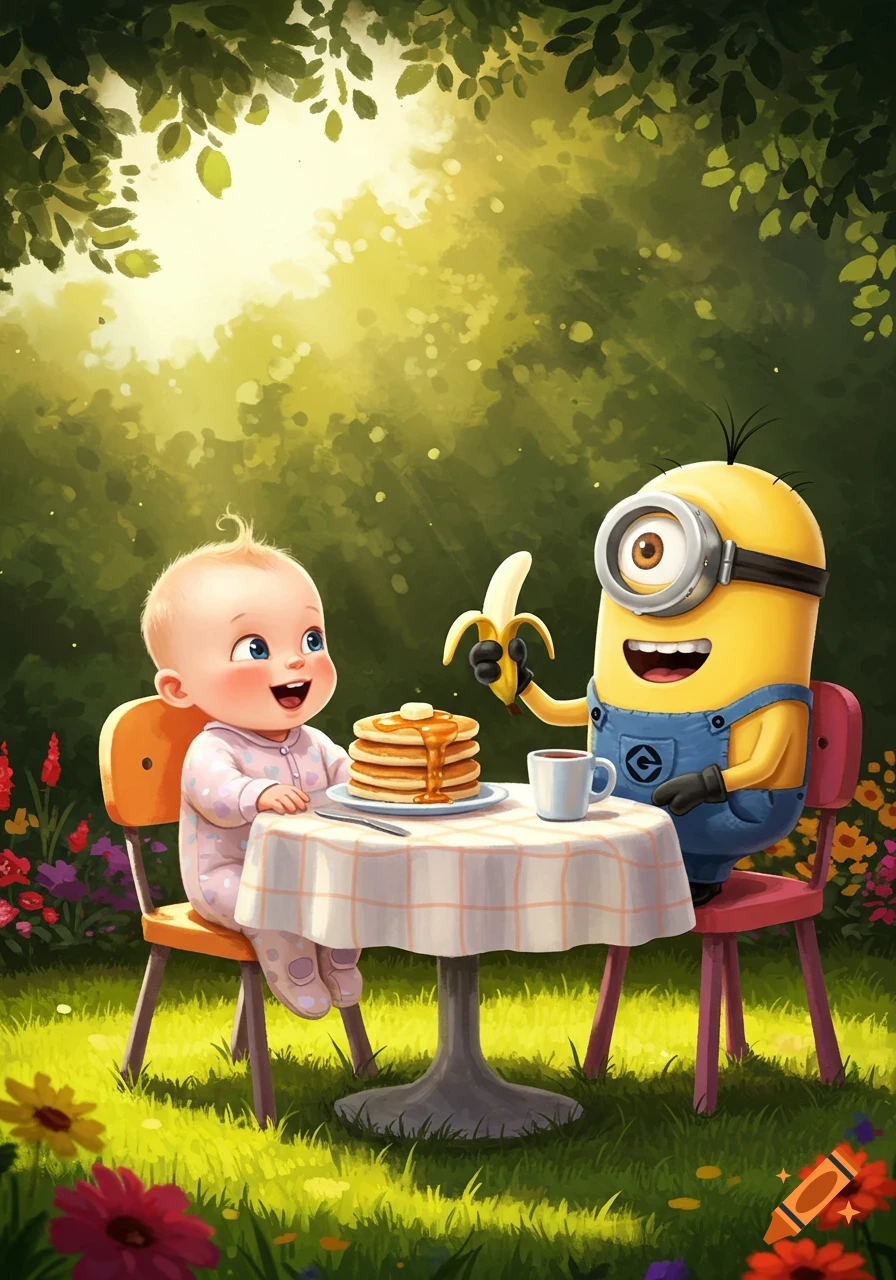 A smiling baby and a Minion character enjoy a sunny outdoor brunch with pancakes and a banana on a checkered table.