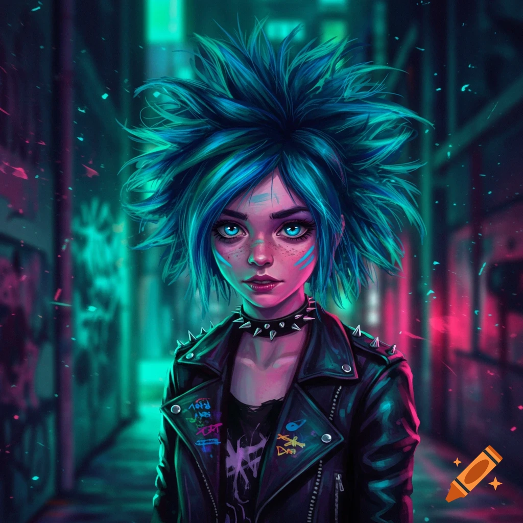 A stylized portrait of a teenage girl with spiky blue-green hair, bright blue eyes, wearing a black leather jacket with graffiti-like designs, in a neon-lit urban alley.