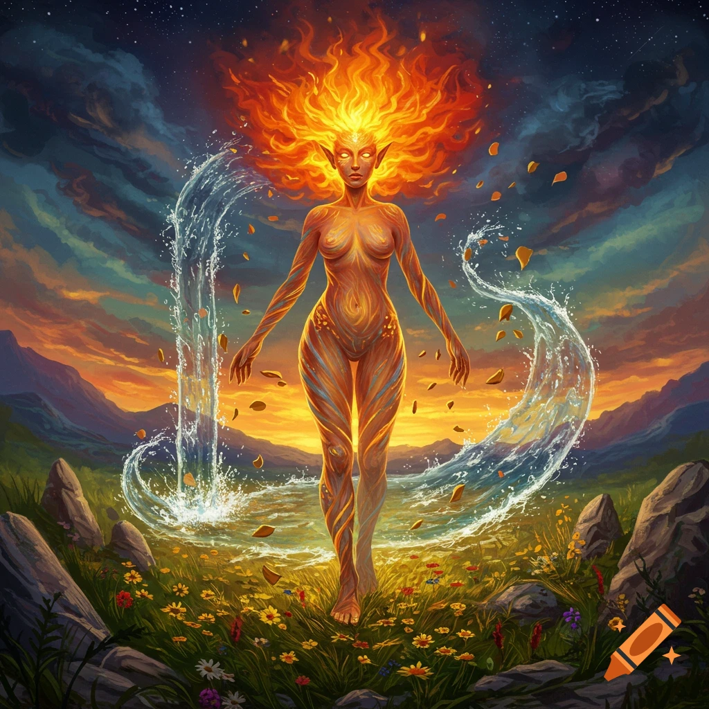 Stylized elemental woman with fiery hair and patterned skin, standing in a meadow with swirling water and floating earth particles under a dramatic sky.