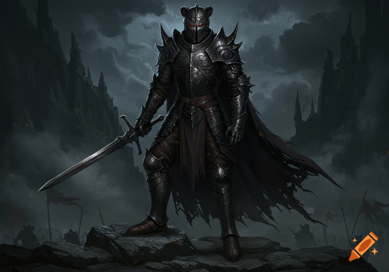 A knight in dark, ornate armor with a bear-eared helmet and red eyes stands holding a sword on rocky ground, under a stormy sky.