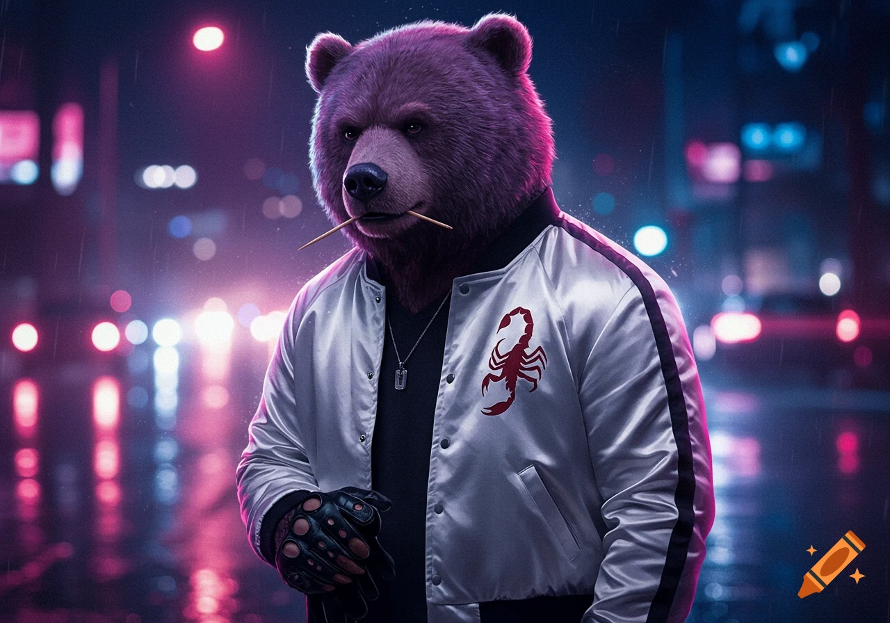 A purple anthropomorphic bear in a white satin jacket with a red scorpion logo, holding a toothpick, standing on a wet neon-lit city street at night.
