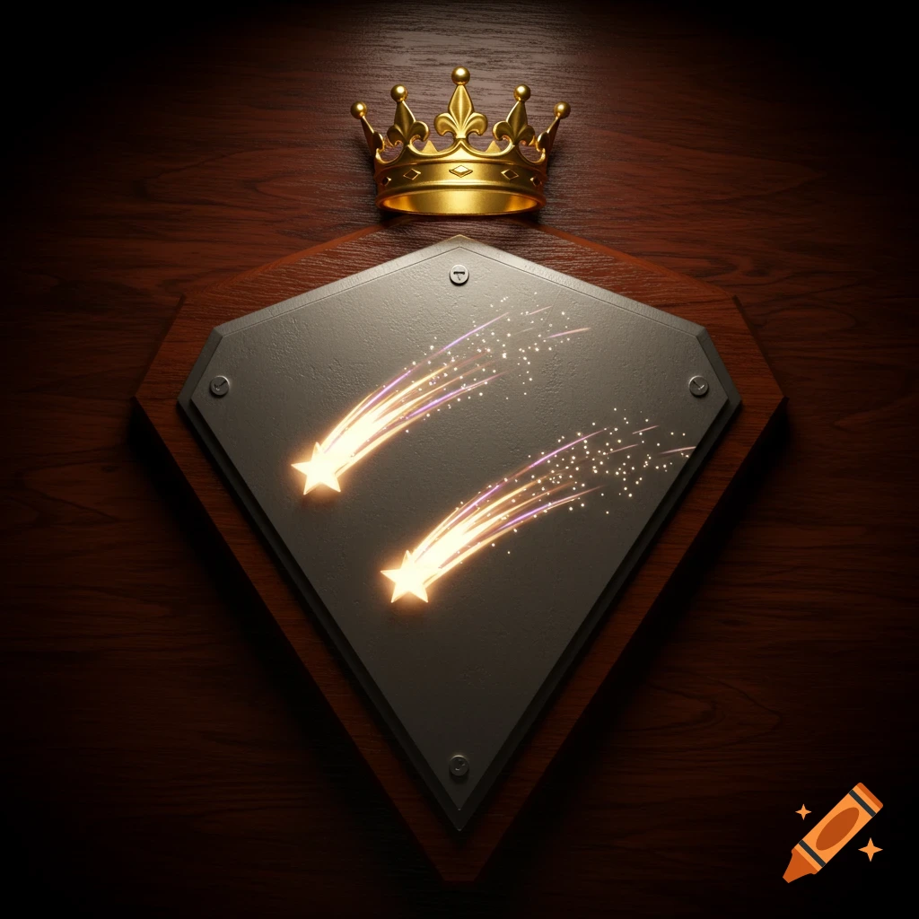 A golden crown sits above a diamond-shaped metallic plaque featuring two glowing shooting stars on a dark wooden background.