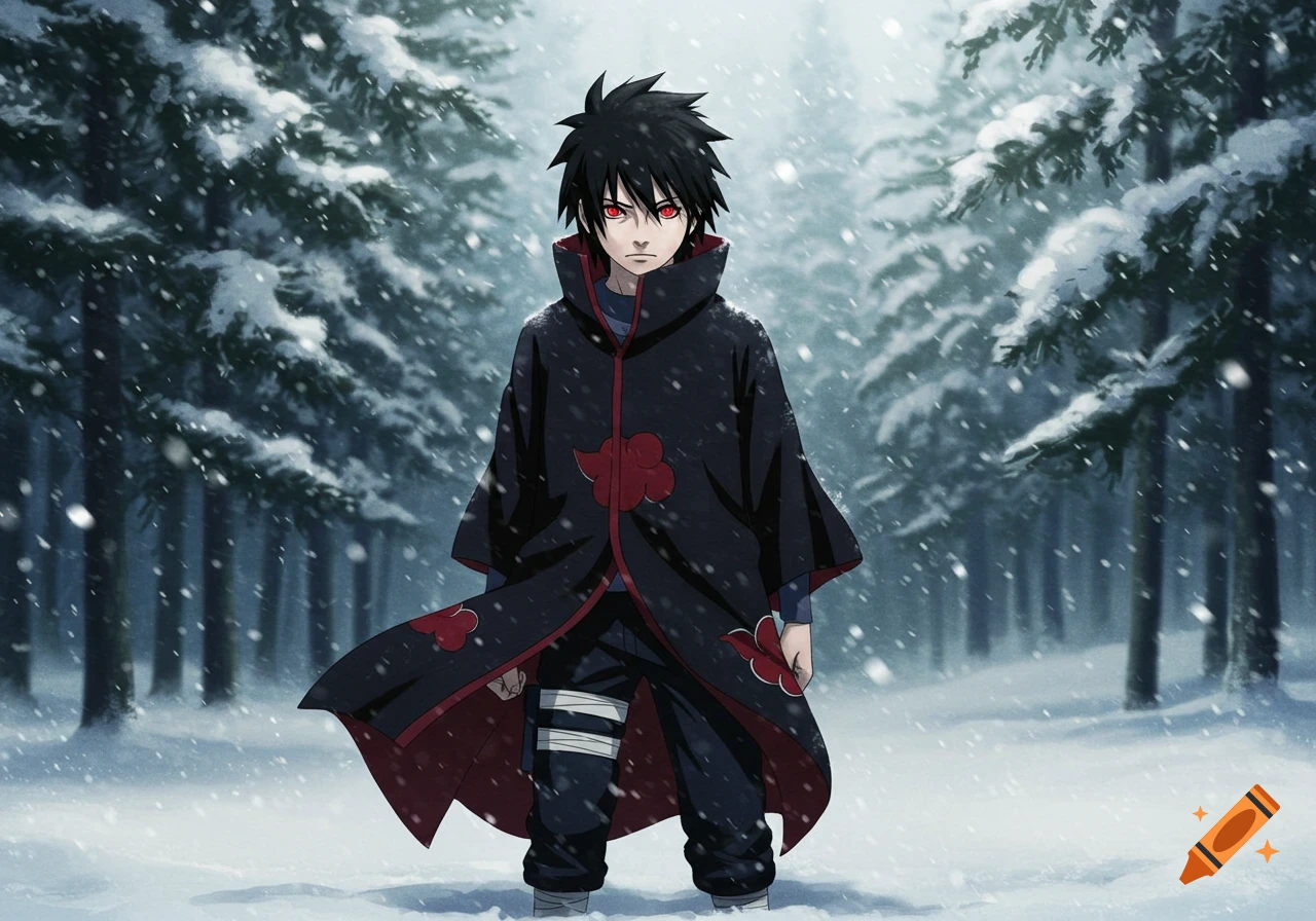 Anime character in black Akatsuki cloak with red eyes stands in a snowy forest with falling snow.
