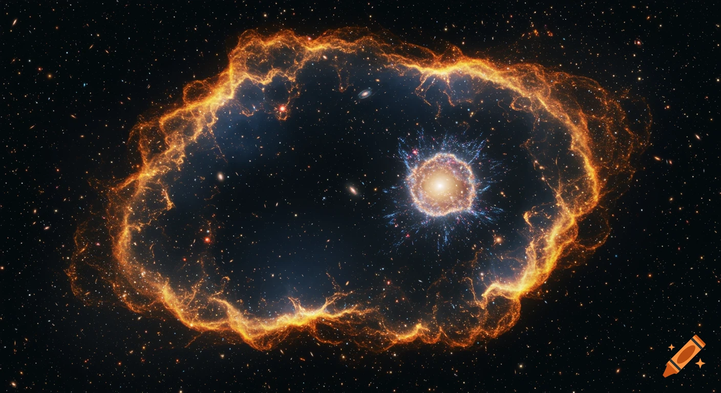 A vibrant orange, yellow, and blue nebula in the shape of an oval with a bright star cluster at its center, set against a dark starry sky.