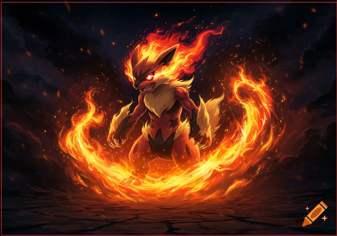 A powerful fire-type Pokémon, resembling Arcanine, surrounded by swirling flames with a dark background.