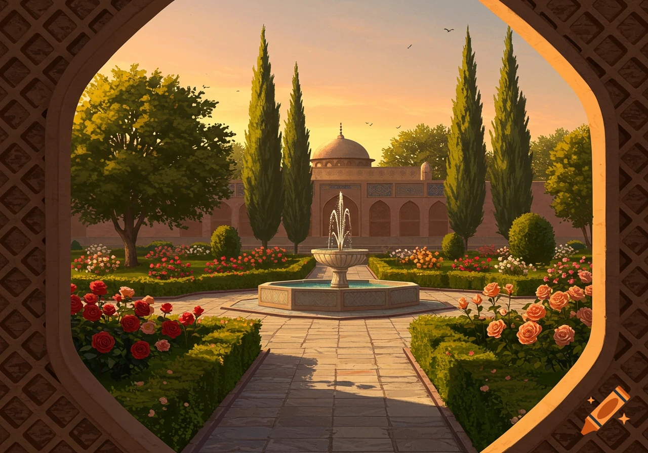 An ornate garden with a central fountain, tall trees, rose bushes, and an arched building, viewed through a decorative archway at sunset.