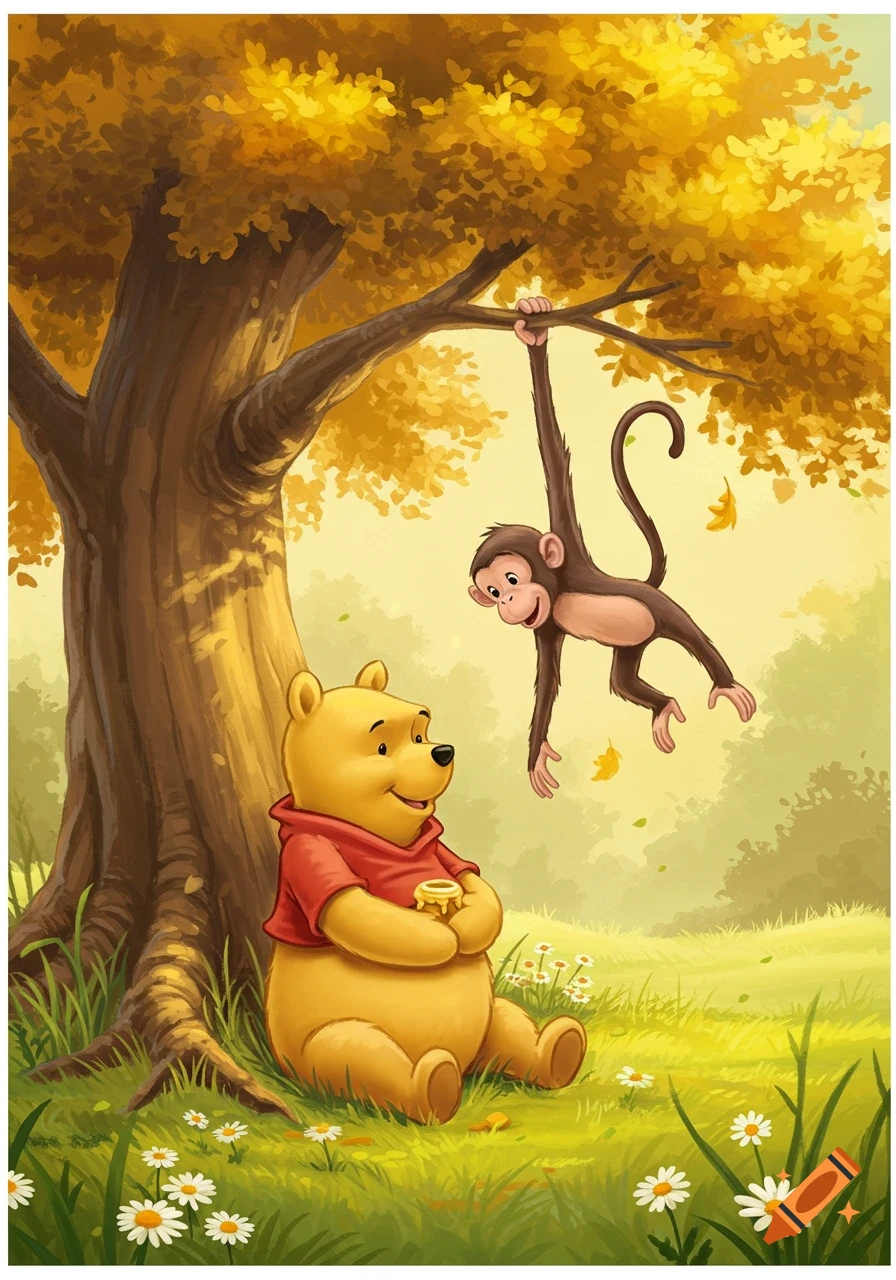Winnie the Pooh sits under a tree with a pot of honey as a monkey swings from a branch above him, in a vibrant cartoon style.