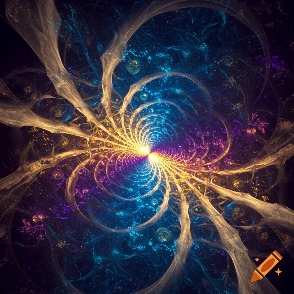 A vibrant, glowing abstract fractal painting with swirling blues, purples, and yellows, featuring bone-like structures extending outwards.