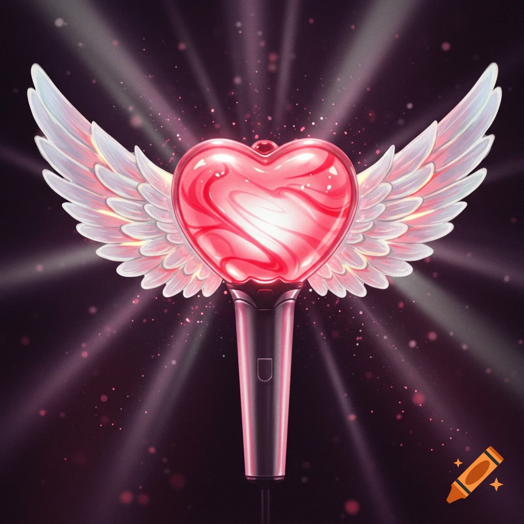 A glowing kpop lightstick shaped like a pink heart with white wings, set against a dark background with pink light rays and particles.