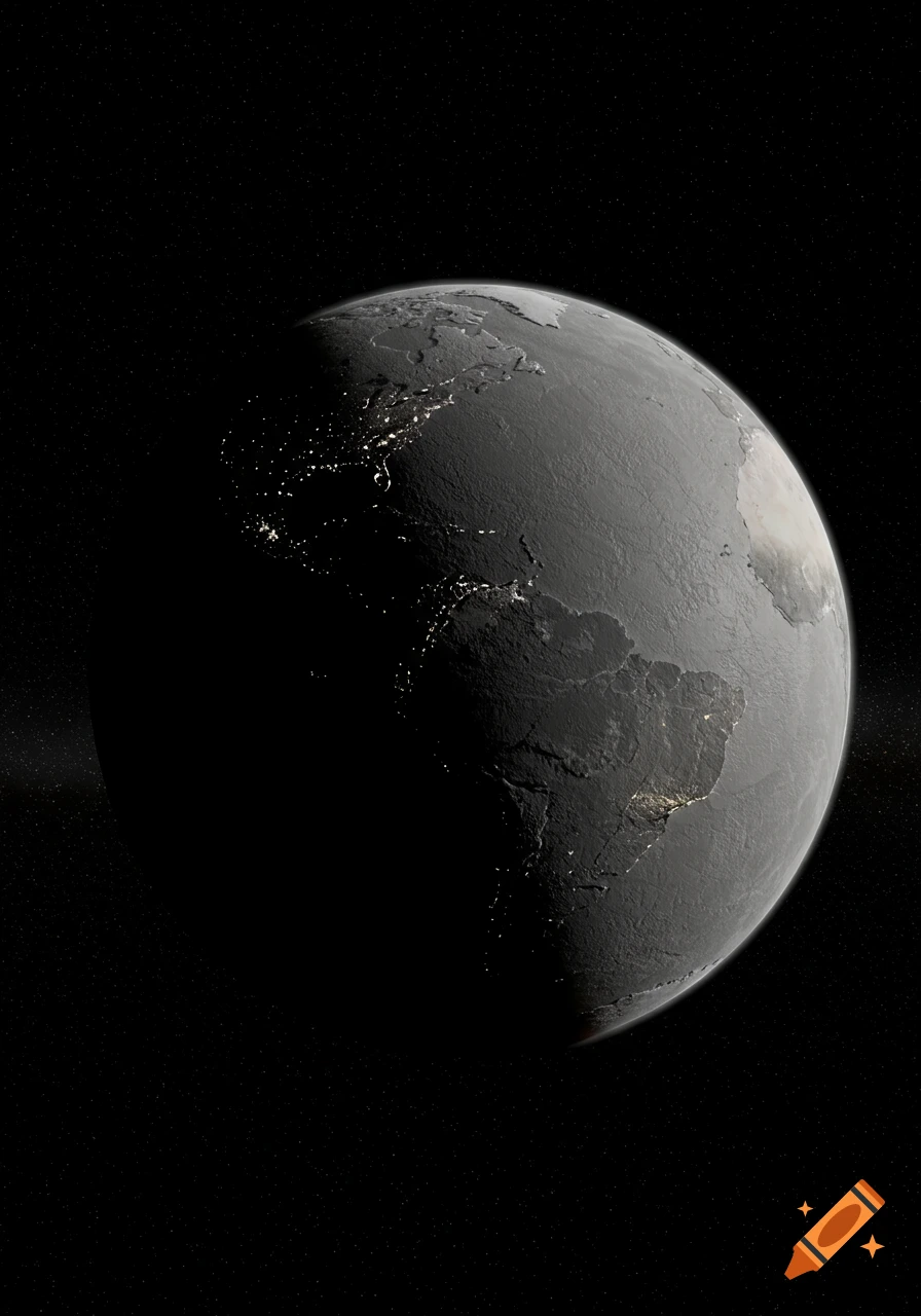 Photorealistic image of Earth in space, with city lights on the night side and visible landmasses on the day side.