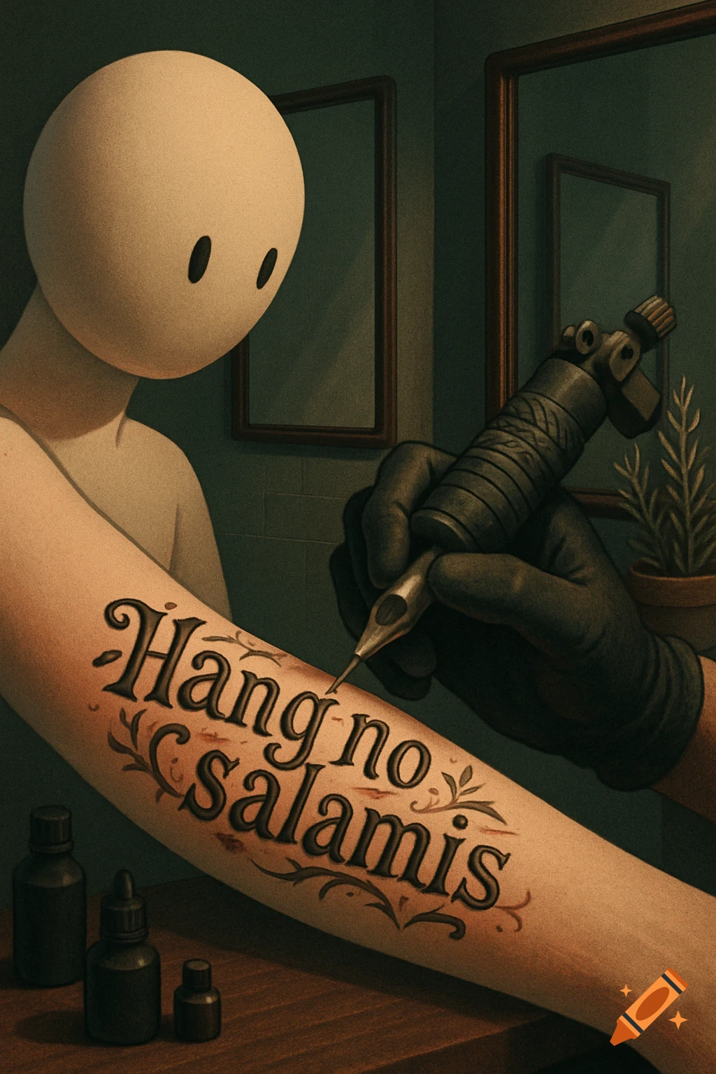 A faceless, minimalist figure receives a tattoo on their arm that reads "Hang no salamis" in an illustrative style.