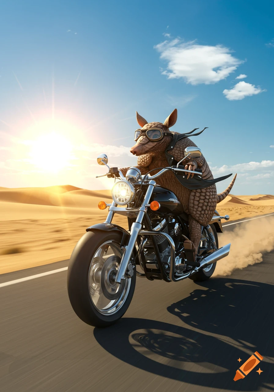 A photorealistic armadillo wearing a leather jacket and goggles rides a motorcycle down a desert road at sunset.