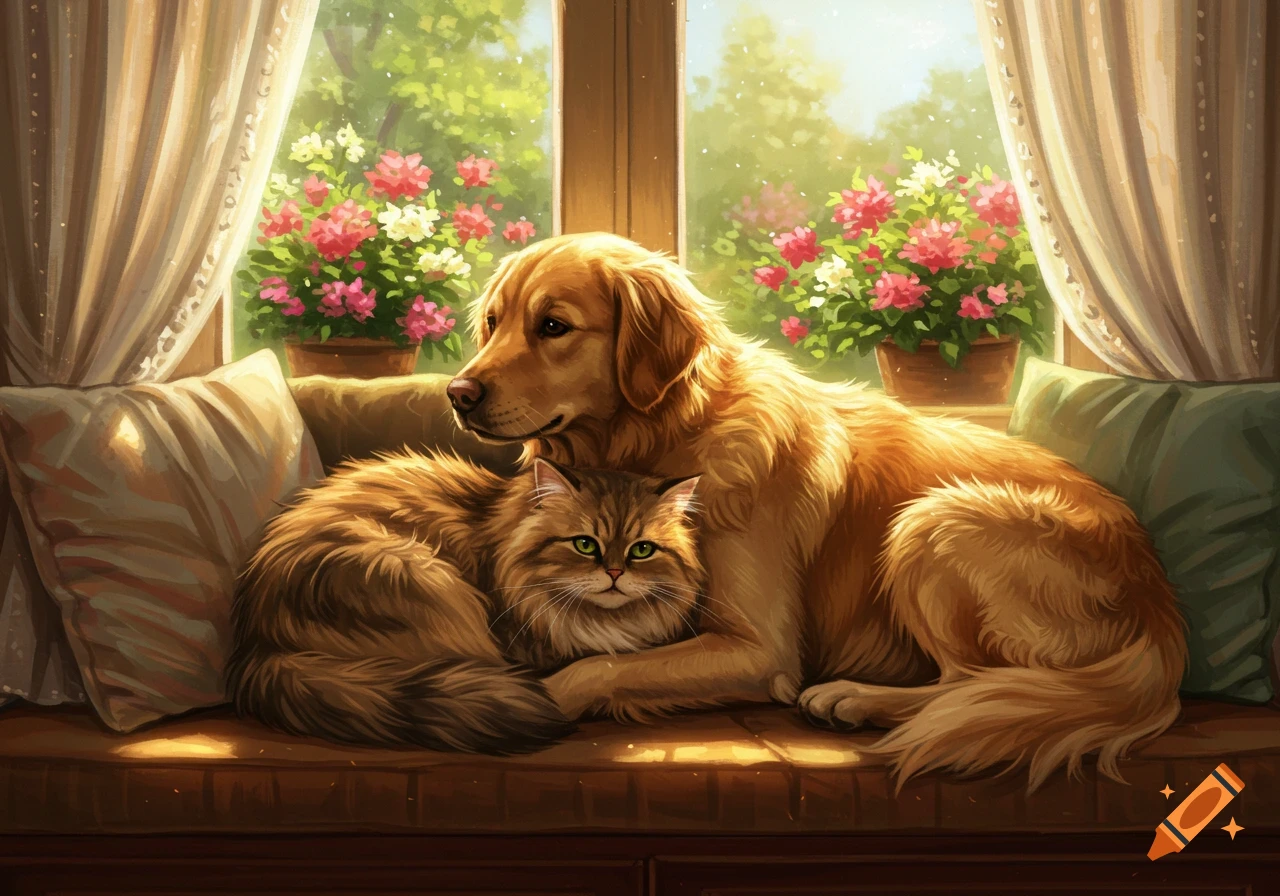 A golden retriever dog and a tabby cat snuggling on a sunny window seat with flowers outside.