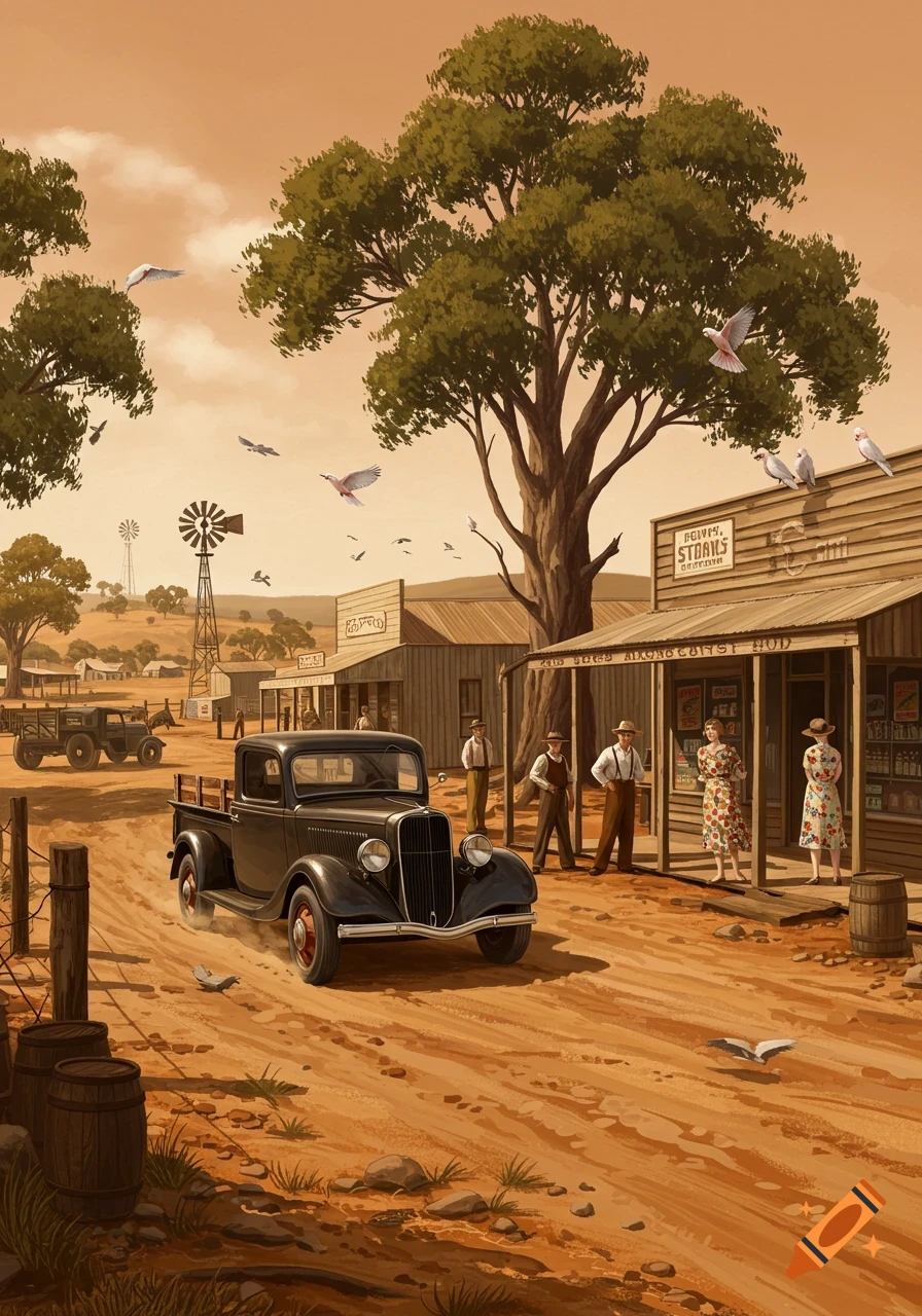 A 1930s Australian rural town scene with a black truck on a dirt road, people, wooden buildings, and a large tree under an orange sky.