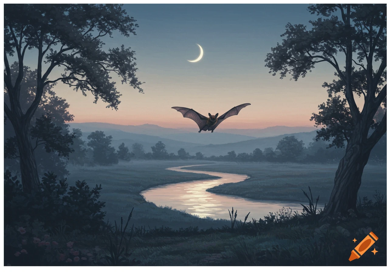 A painting of a bat flying over a winding river through a misty, moonlit landscape with trees and mountains at dusk.