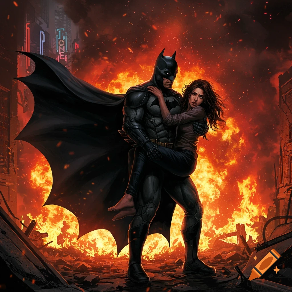 Batman carrying a woman to safety through a burning, devastated city in a dramatic comic book art style.