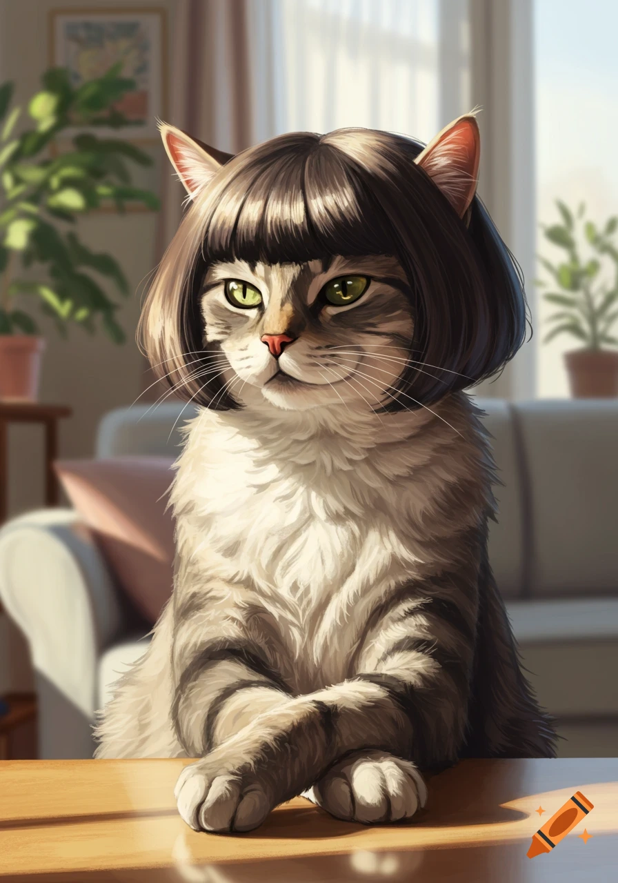 A displeased tabby cat with a brown bob haircut sits at a table.