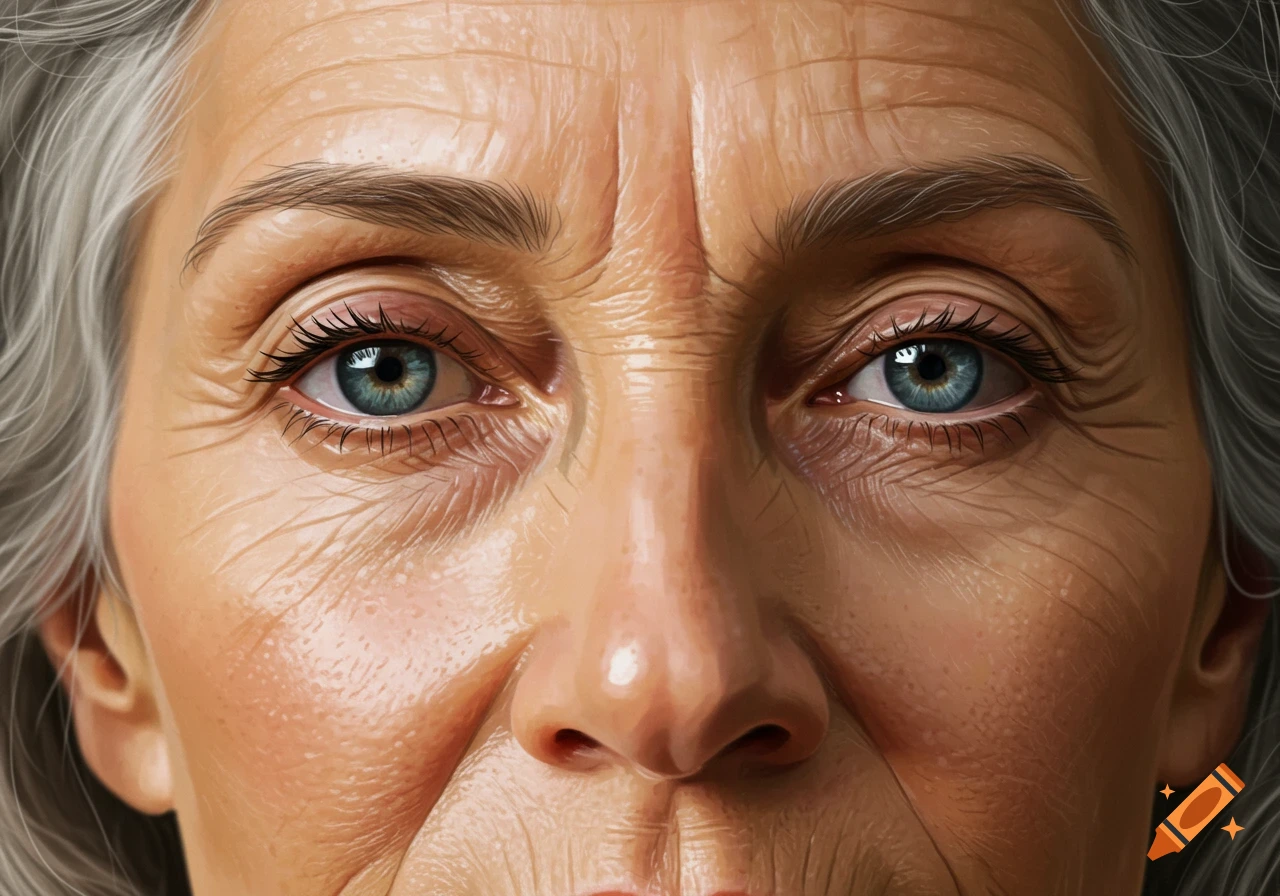 A detailed close-up portrait of an elderly woman's face, highlighting wrinkles around her blue eyes and forehead, with strands of gray hair visible.