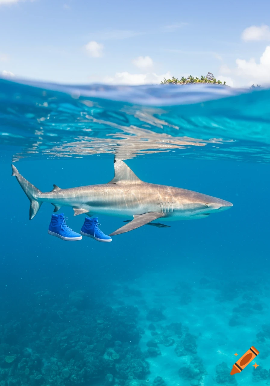 A large shark swims underwater with bright blue shoes on its pectoral fins, seen from a split-level view of the ocean with an island and blue sky above.