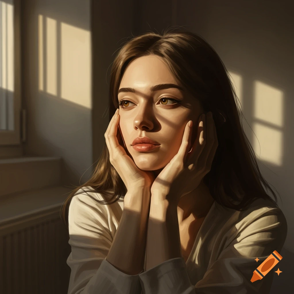 Close-up portrait of a woman with long brown hair, hands cupping her face, looking pensive in sunlight.
