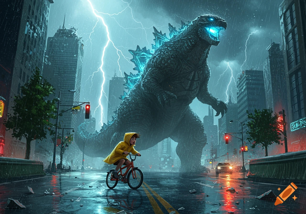 A large, glowing-spined Godzilla stands in a rain-soaked city as a child in a yellow raincoat rides a bicycle away from it during a lightning storm.