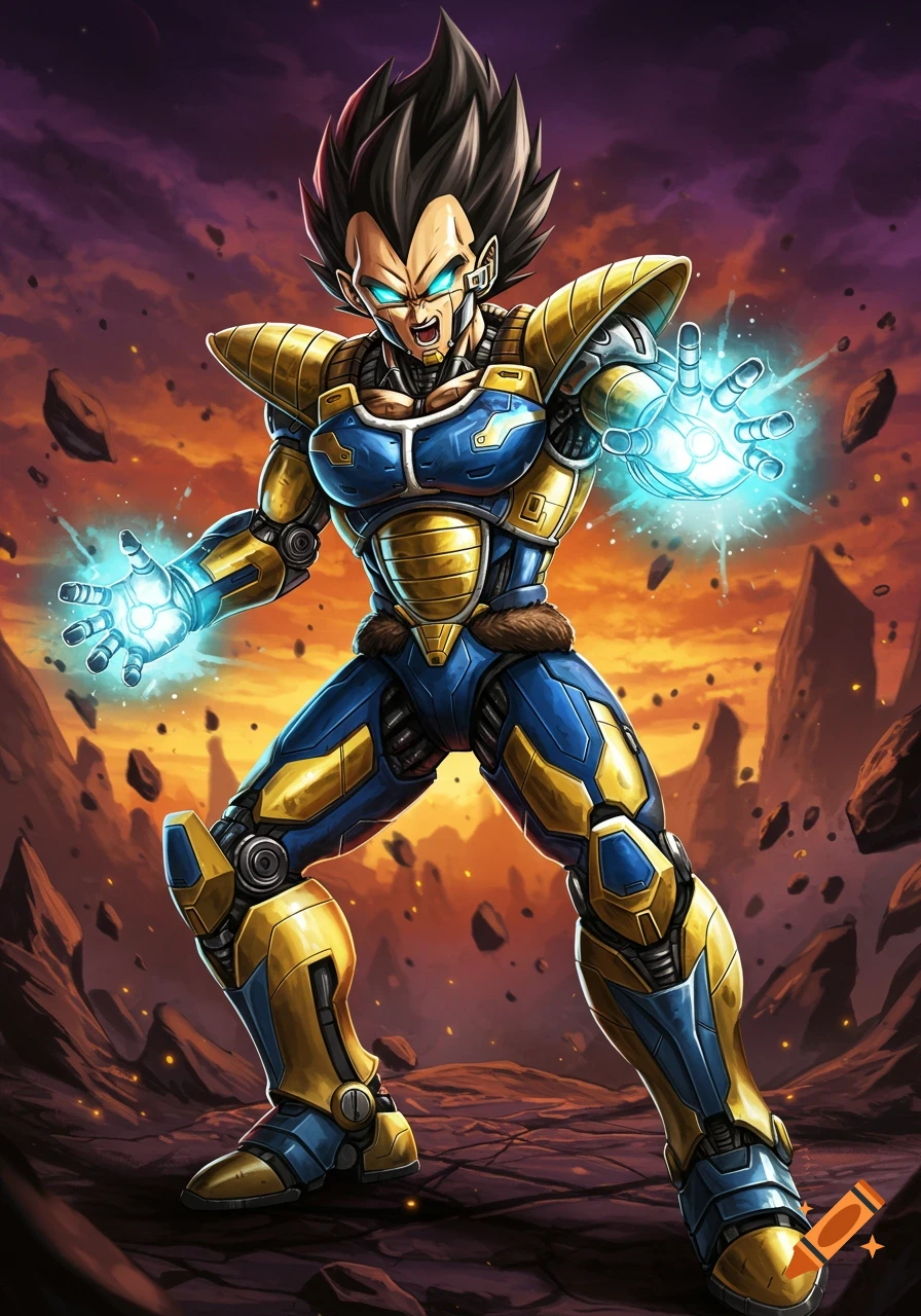 Anime style illustration of Vegeta in a blue and gold robotic suit, hands glowing with energy, standing on a rocky, desolate landscape.