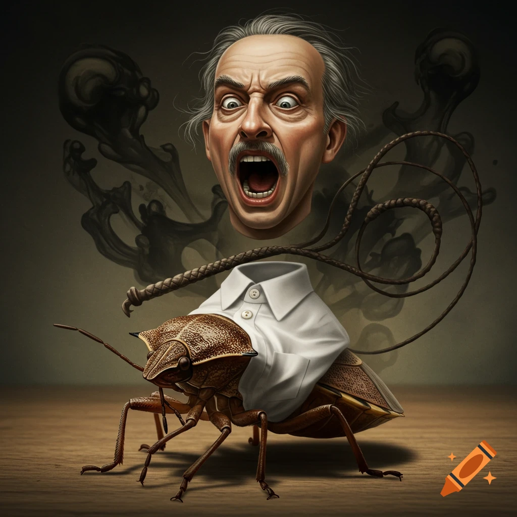 A surreal image of a screaming disembodied man's head holding a whip, floating above a stinkbug wearing a white button-down shirt.