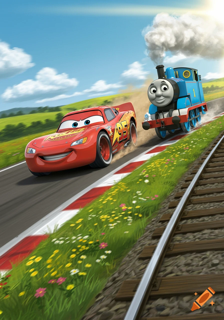 Lightning McQueen races Thomas the Tank Engine on a track next to railroad tracks in a vibrant cartoon style.